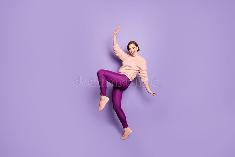 Full Body Photo of Pretty Funky Lady Dancing Strange Modern Moves Disco  Party Students Raise Hands Stand on Toes Wear Stock Photo - Image of  profile, funny: 174403922