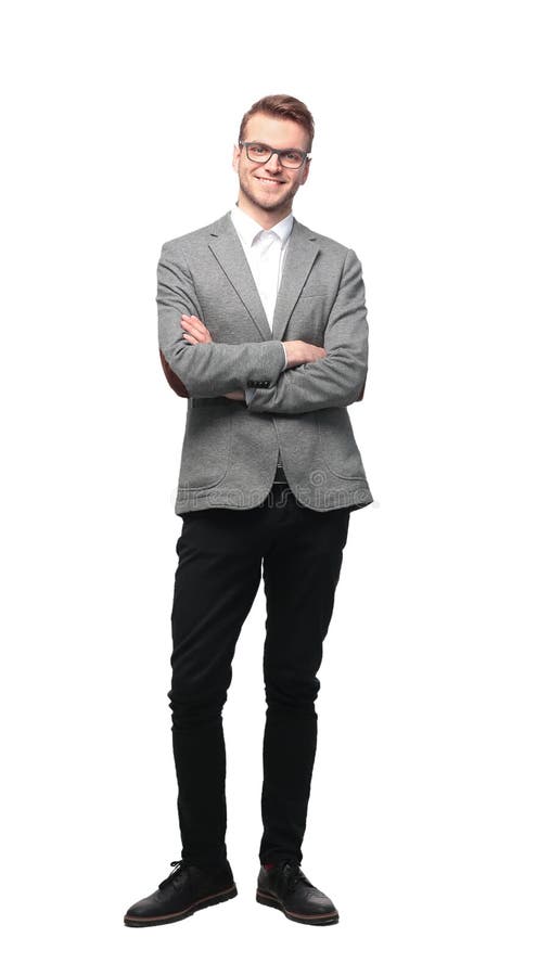 Full body picture of a business man with arms crossed on white background