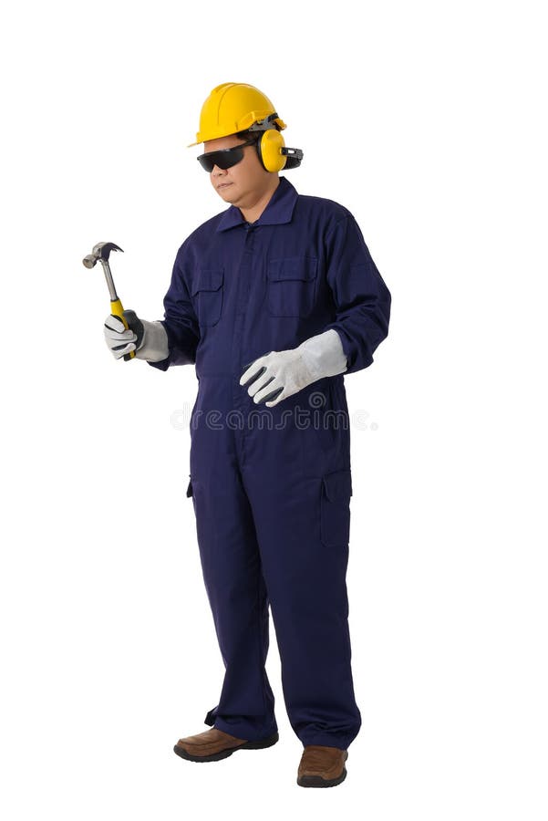 Full body portrait of a worker in Mechanic Jumpsuit is Holding a hammer isolated on white background