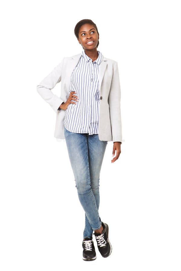 Full body young african american woman in blazer thinking and looking up. Full body portrait of young african american woman in blazer thinking and looking up stock image Full body young african american woman in blazer thinking and looking up. Full body portrait of young african american woman in blazer thinking and looking up stock image