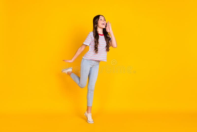 Full body profile side photo of young girl look empty space shout yell announcement news isolated over yellow color