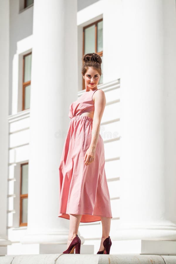 Full Body Young Beautiful Brunette in Pink Dress Stock Photo - Image of ...