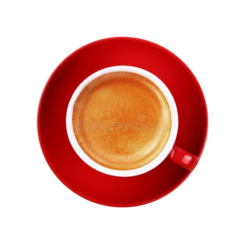 Full cup of espresso coffee in red cup on white