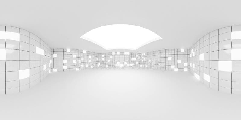 Full 360 degree equirectangular panorama hdri of modern futuristic white technology building interior 3d render stock illustration