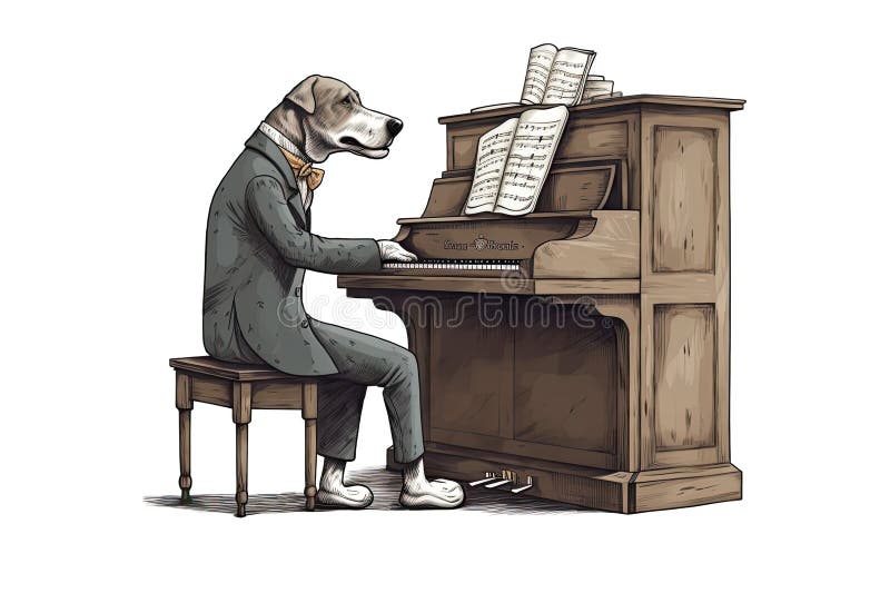 Full Dressed Dog Playing on Piano Isolated on White, Illustration Stock