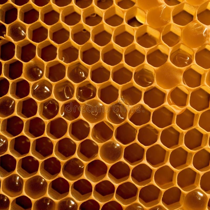 Full and empty sweet honeycomb as a texture. Juicy honeycomb macro shot. Bee honeycombs of geometric hexagonal shapes. 3D realistic illustration. Creative AI