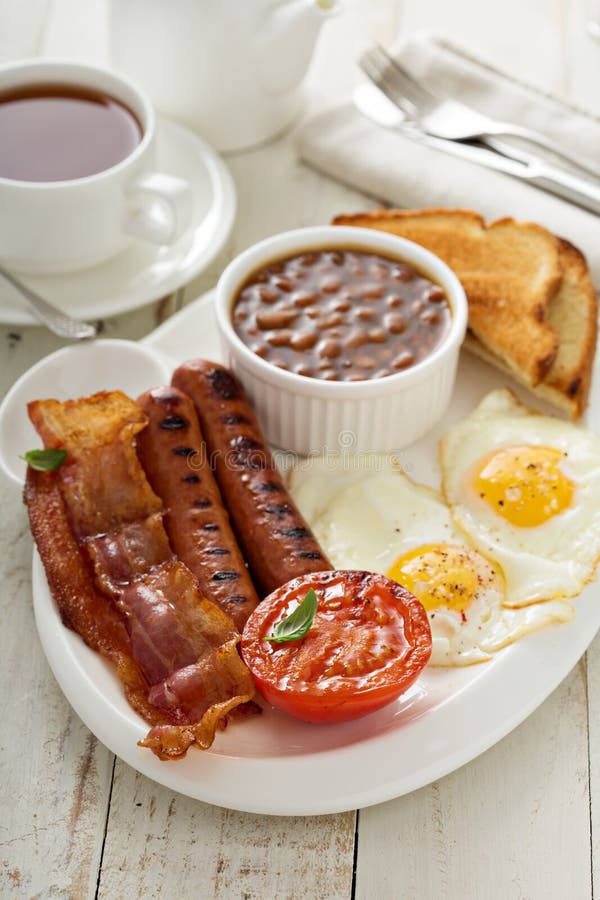 Full English Breakfast with Egg and Bacon Stock Photo Image of bread