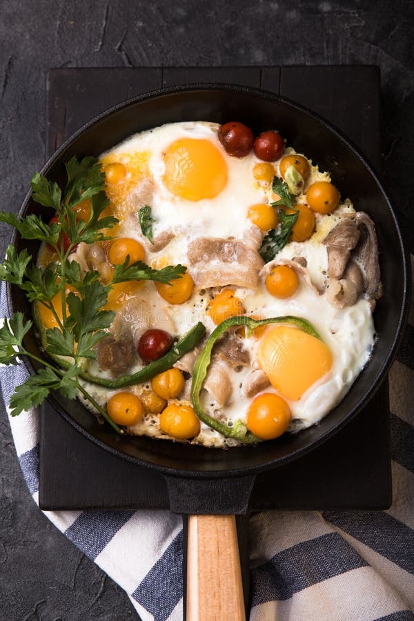 Full English Breakfast Fried Egg, Tomato, Bacon, Dish in Iron Frying