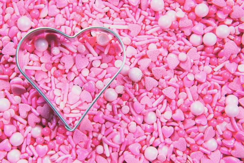 Full Frame Pink Heart Sprinkles and a Heart Shape Stock Image Image