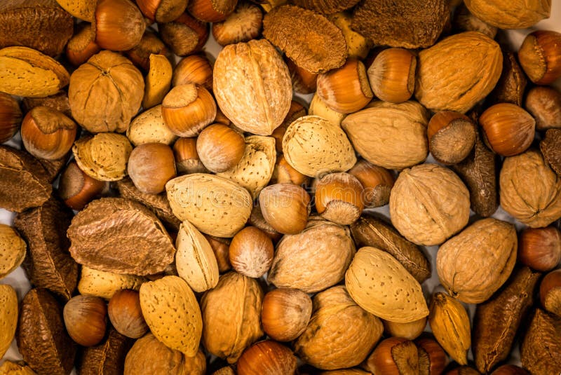Full frame shot of a mixed variety of nuts, walnuts, hazelnuts, almonds and macadamia stock images
