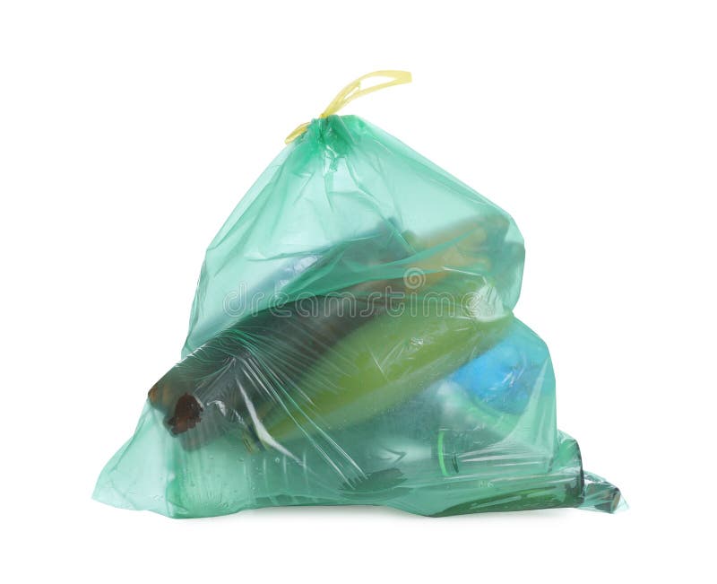Full Green Garbage Bag Isolated. Rubbish Recycling Stock Photo Image