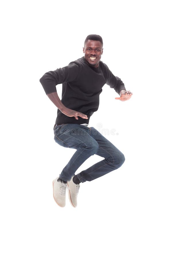 Funny Guy Jumping and Giving a Thumbs Up. Isolated on White Stock Photo -  Image of black, fashion: 168401132
