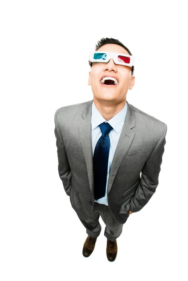 full length asian businessman wearing 3d glasses movie white background