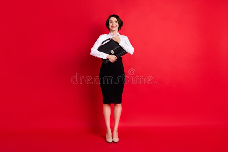 Full length body profile photo business woman embracing leather bag overjoyed isolated bright red color background