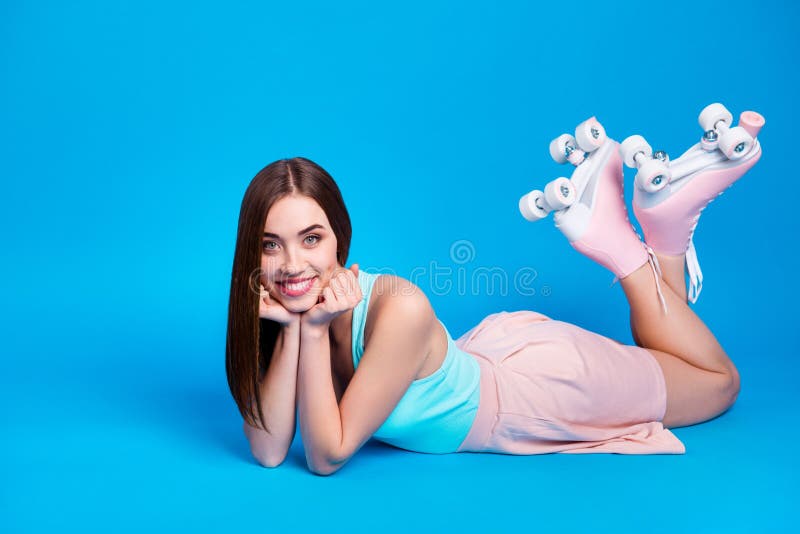 Full length body size photo funny beautiful lying floor she her lady leaning hands arms crossed rollers legs active way stock photo