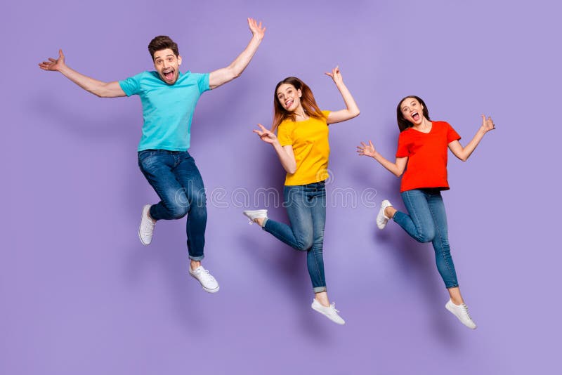 Full length body size photo of group crowd of three carefree hipsters showing tongue-out v-sign flying up with open royalty free stock images Full length body size photo of group crowd of three carefree hipsters showing tongue-out v-sign flying up with open royalty free stock images