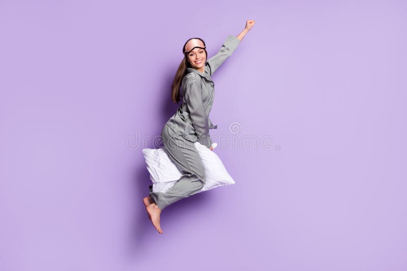 Full Length Body Size Photo Of Pretty Woman Riding On Pillow Wearing