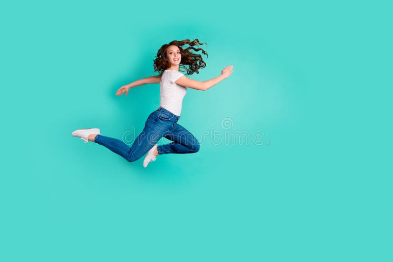 Full length body size profile side view of her she nice-looking attractive lovely cheerful cheery slim fit thin wavy stock photos Full length body size profile side view of her she nice-looking attractive lovely cheerful cheery slim fit thin wavy stock photos