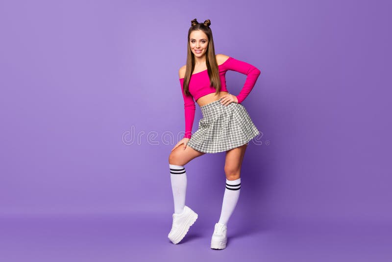 Full length body size view of her she nice attractive lovely pretty feminine cheerful cheery girl posing having fun isolated on bright vivid, shine vibrant lilac violet purple color background