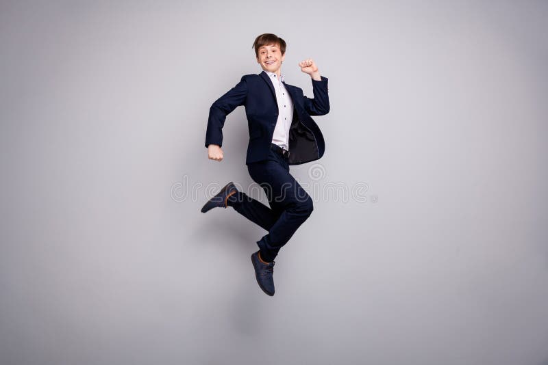 Full length body size view photo of funny funky little guy have free time learning lesson classroom task dressed white royalty free stock photos