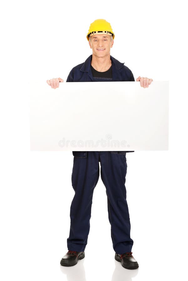 Full length happy worker presenting empty banner