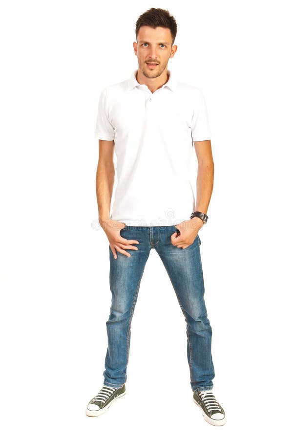 Serious Man in Jeans and White T-shirt is Standing and Looking Away ...