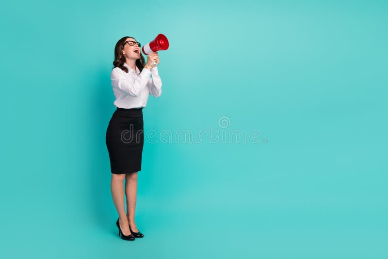 Full length photo of agent lady using loud speaker scream broadcast novelty isolated on cyan color background.