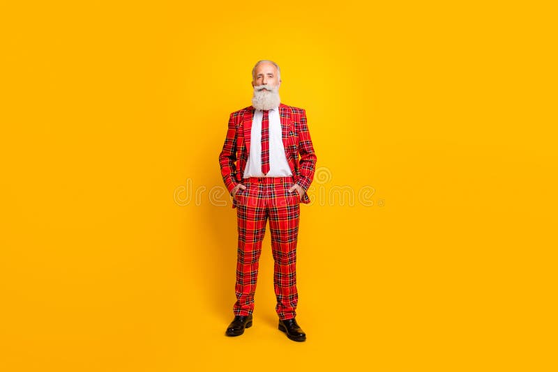 Full length photo of cool grandpa guy white beard groom man ready for wedding ceremony start wear red blazer tie pants