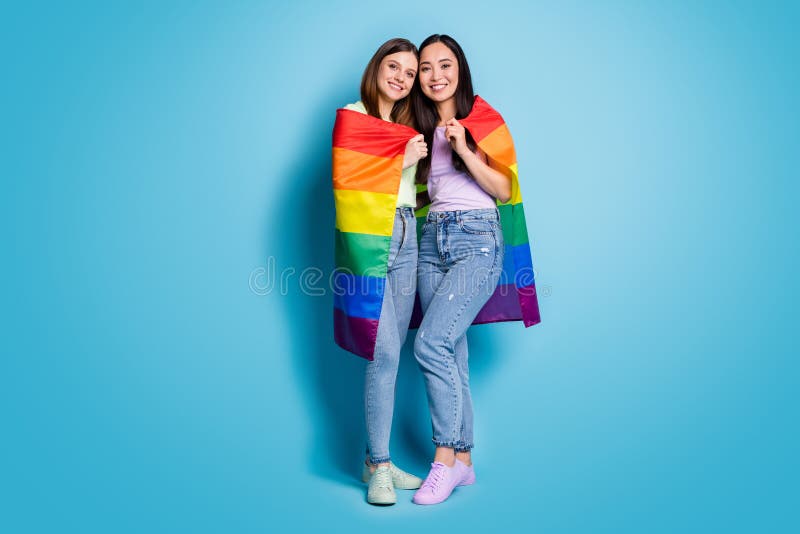 Full Length Photo Of Cute Lesbians Couple Ladies Celebrate Parade Show Tolerance Same Sex