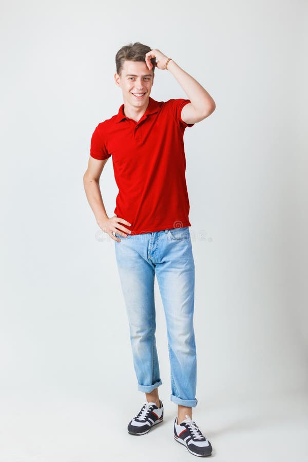 red t shirt and blue jeans