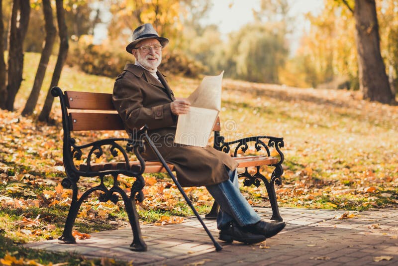 Full length photo of positive old man sit bench fall town park outside hear friend call him stop read newspaper smile