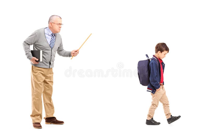 Full length portrait of an angry teacher shouting at a little sc stock photo Full length portrait of an angry teacher shouting at a little sc stock photo