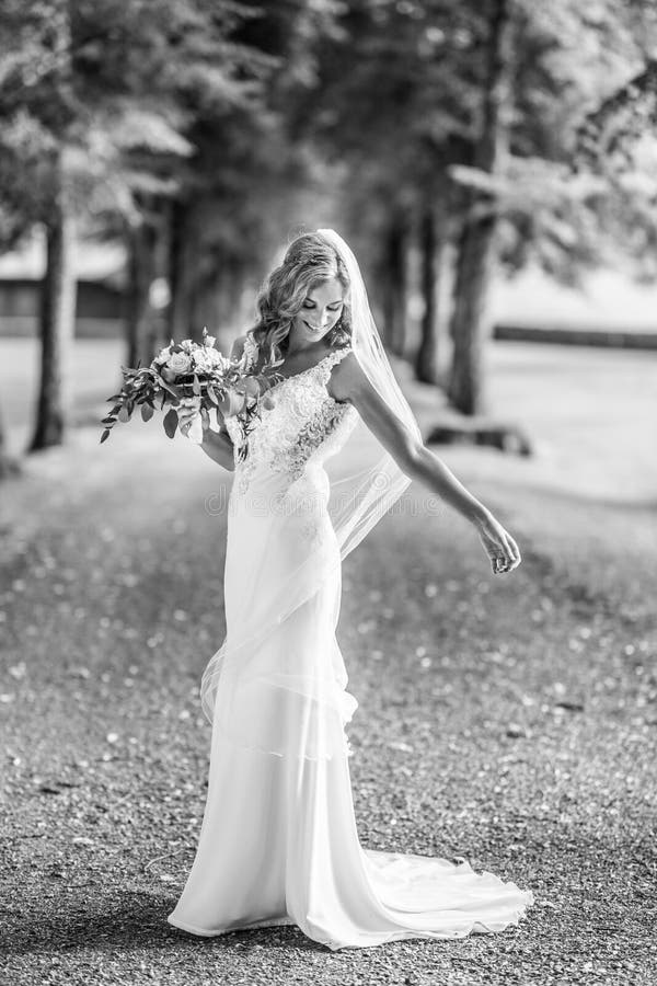 Full Length Portrait of Beautiful Sensual Young Blond Bride in Long ...