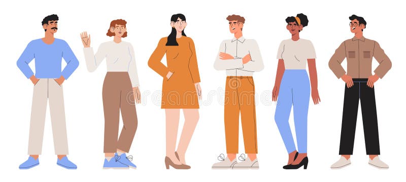 Full length portrait of diverse business people stand together vector flat illustration. Group of young man and woman