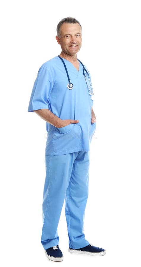 Full Length Portrait Of Experienced Doctor In Uniform On White
