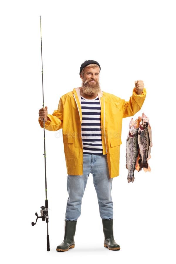 Full Length Portrait of a Fisherman in a Yellow Rain Coat Holding a Fishing  Pole and Fish Stock Image - Image of expression, cheerful: 199377985