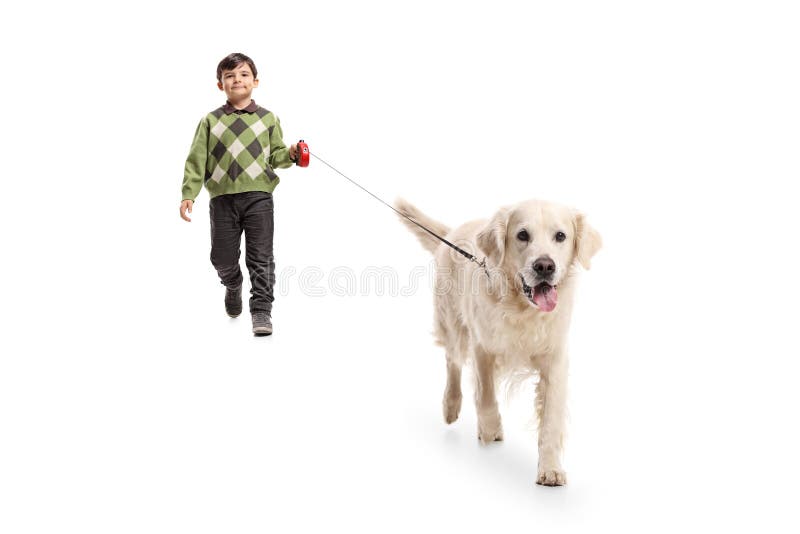 Little boy walking a dog