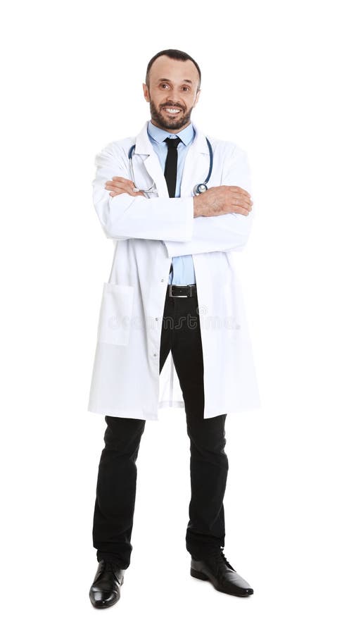 Full length portrait of male doctor on white. Medical staff stock photo Full length portrait of male doctor on white. Medical staff stock photo