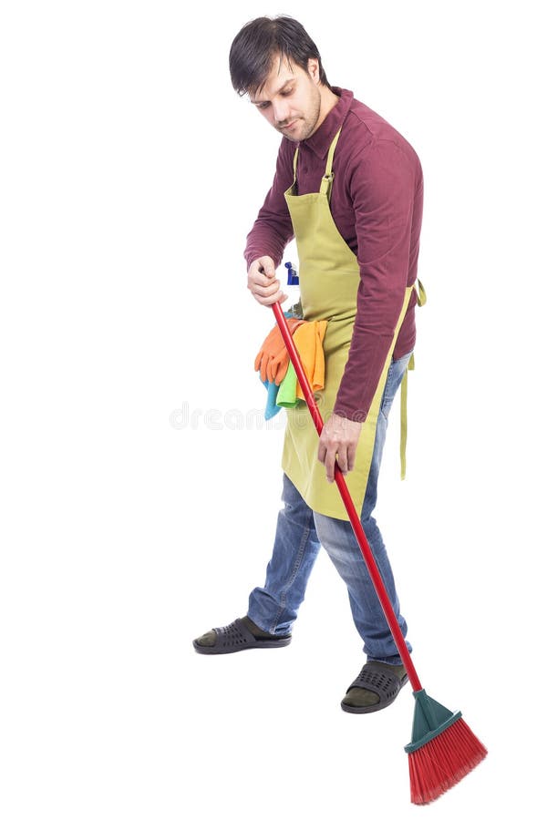 Full Length Portrait of a Man Sweeping the Floor Stock Photo Image of