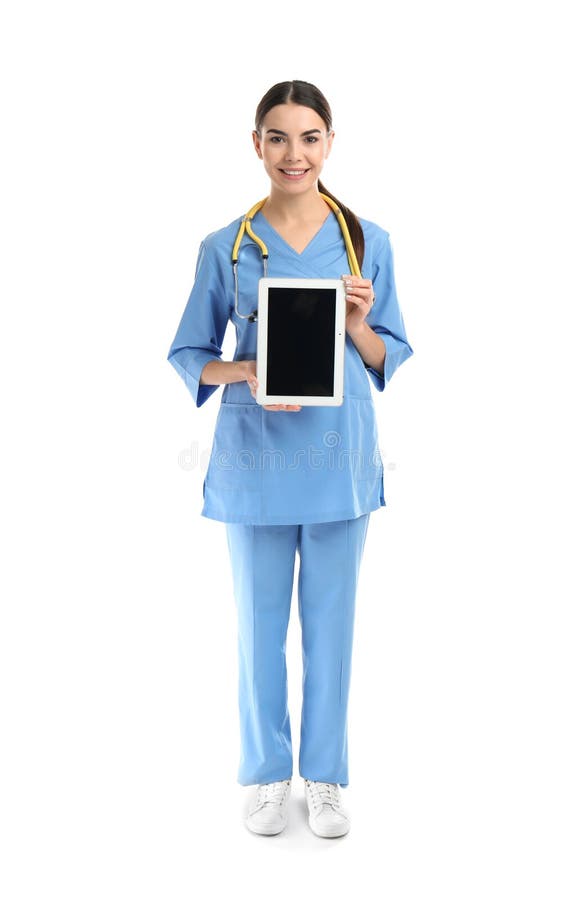 Full Length Portrait Of Medical Assistant With Stethoscope And Tablet On White Background Stock