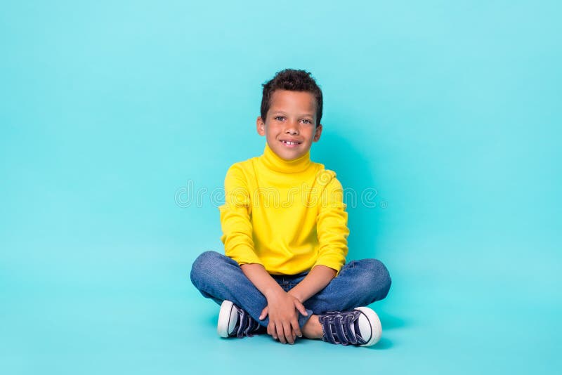 Full Length Portrait of Satisfied Schoolboy Sit Floor Toothy Smile ...