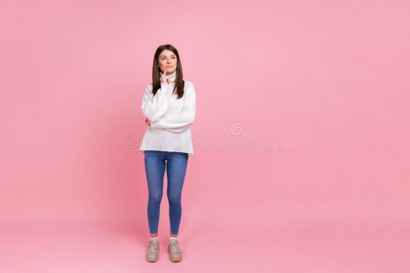 Full Length Portrait Of Thoughtful Female Standing Thinking About Important Things Looking Away 