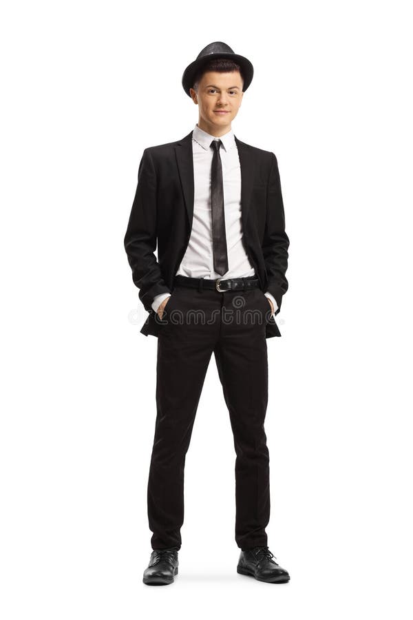 Full Length Portrait of a Guy in a Black Suit Holding His a Fedora Hat  Stock Photo - Image of happy, studio: 185572024