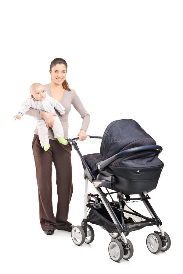 Full length portrait of a young mother with a baby and a pushchair