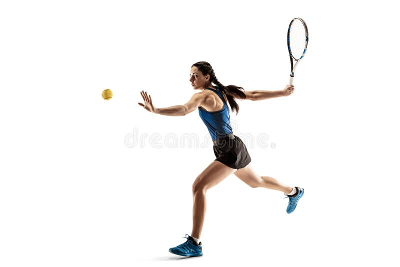 Full length portrait of young woman playing tennis isolated on white background stock image Full length portrait of young woman playing tennis isolated on white background stock image