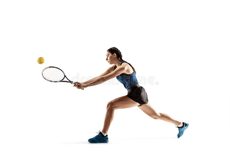 Full length portrait of young woman playing tennis isolated on white background stock image Full length portrait of young woman playing tennis isolated on white background stock image