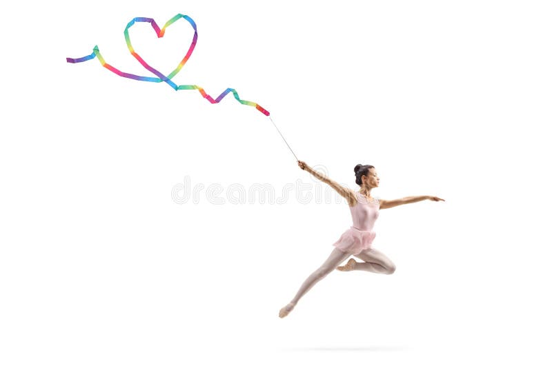 Full length shot of a female gymnast making a heart shape with a ribbon isolated on white background