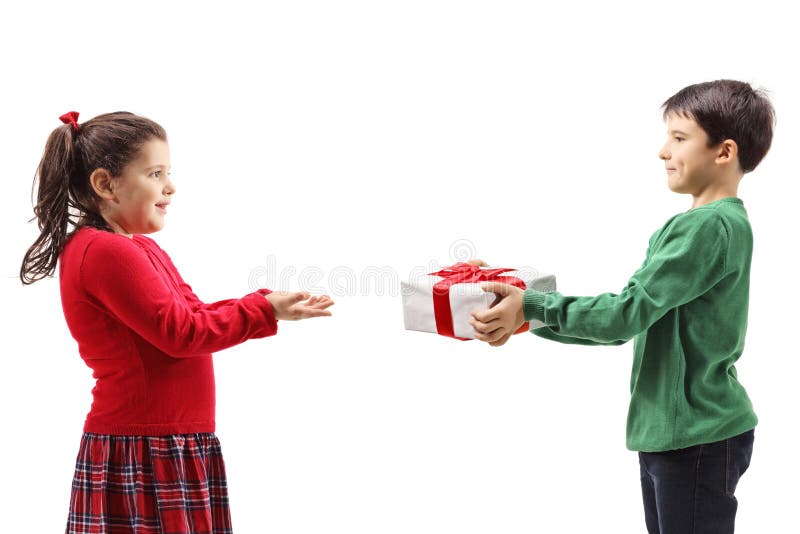 Little boy giving a wrapped present to a little girl