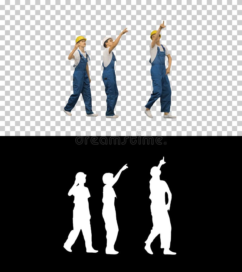 Full length shot. Side view. Three young construction workers doing a funny row dance touching their hardhats and pointing fingers, Alpha Channel with Silhouette Professional shot. 045. You can use it e.g. in your medical, commercial video, business, presentation, broadcast