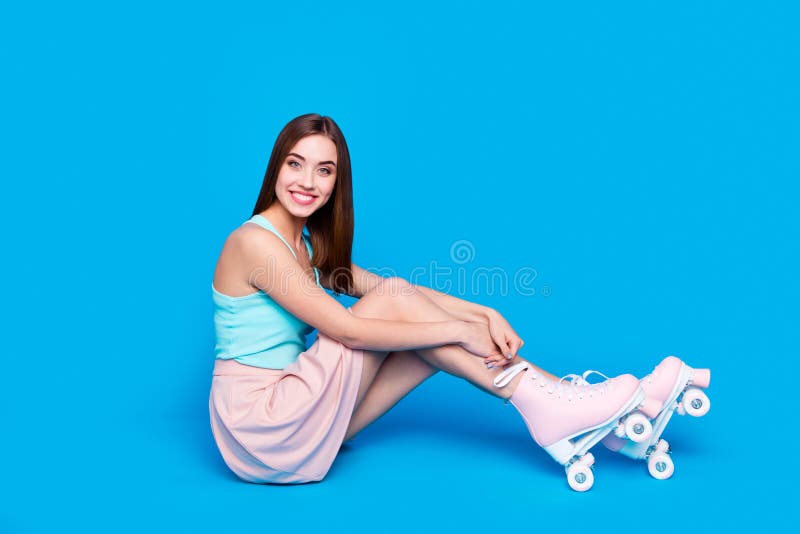 Full length side profile body size photo funny beautiful sit floor she her lady hands tie rollers legs laces active life royalty free stock photos